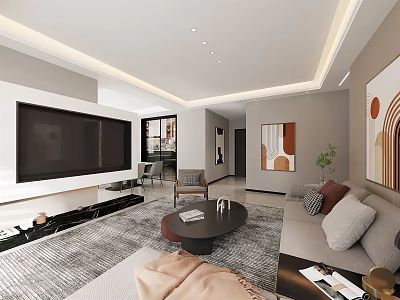 Modern Living and Dining Room Interior With Large TV Sofa Coffee Table And Decorative Paintings 3d model