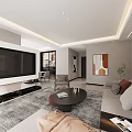 Modern Living and Dining Room Interior With Large TV Sofa Coffee Table And Decorative Paintings