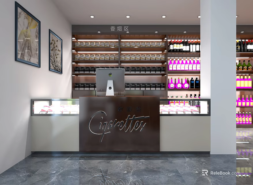 Tobacco and Liquor Store Interior With Counter Display Cases And Shelves Of Cigarettes And Wines 3d model 