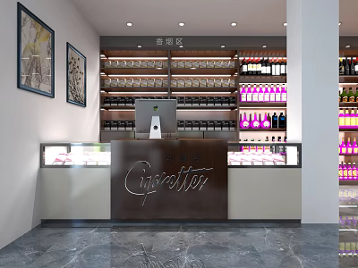 Tobacco and Liquor Store Interior With Counter Display Cases And Shelves Of Cigarettes And Wines 3d model