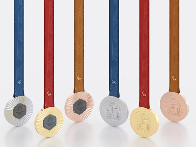 Gold Silver Bronze Medals With Blue Red Brown Ribbons And Detailed Engravings 3d model