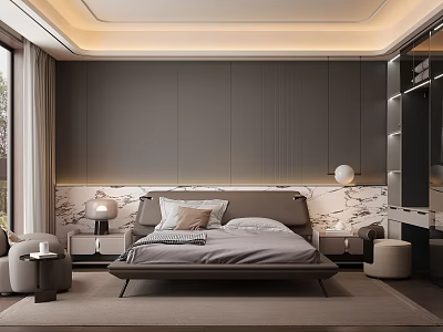 Modern Bedroom Interior Design With Gray Walls Marble Headboard And Ceiling Light Strips 3d model
