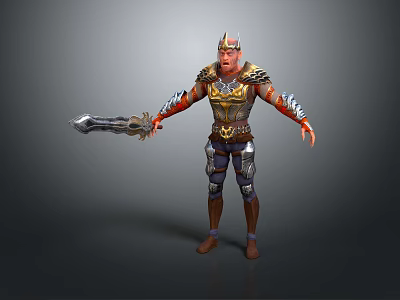 Ornate 3D Warrior Character Wearing Detailed Armor Holding Decorative Sword With Red Gold Accents 3d model