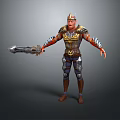 Ornate 3D Warrior Character Wearing Detailed Armor Holding Decorative Sword With Red Gold Accents