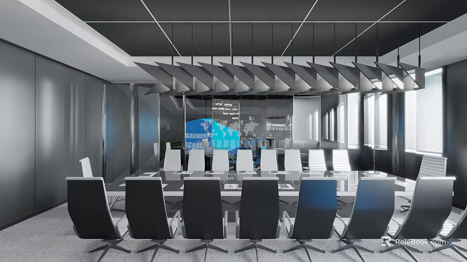 Modern Conference Room Interior With Large Screen White Chairs Unique Ceiling And Windows 3d model 