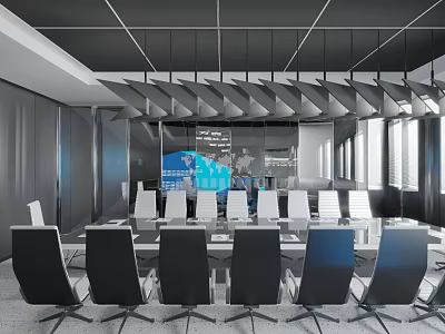 Modern Conference Room Interior With Large Screen White Chairs Unique Ceiling And Windows 3d model