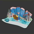 Enchanting Winter Landscape With Blue Icebergs Red Sleigh Pine Trees And Snowy Ground