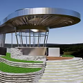 Modern Curved Pergola Structure With Green Lawn And Leisure Seating Space 3d model