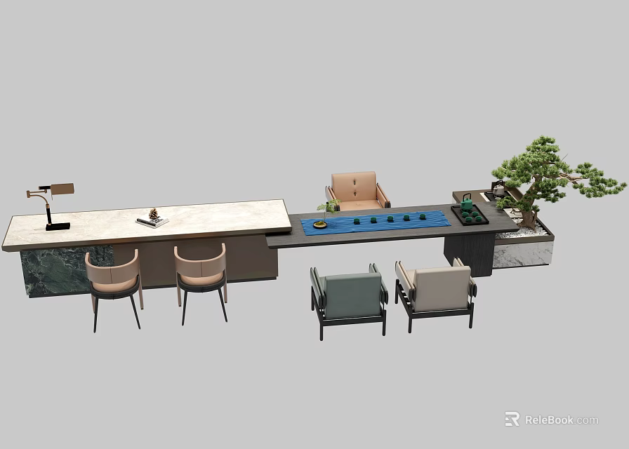 Modern Tea Table and Chairs Set With Marble Top Potted Plant And Table Lamp 3d model 