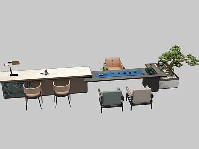 Modern Tea Table and Chairs Set With Marble Top Potted Plant And Table Lamp 3d model