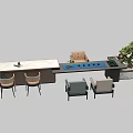Modern Tea Table and Chairs Set With Marble Top Potted Plant And Table Lamp