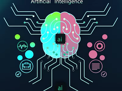 Unique Artificial Intelligence Pendant With Brain Chip Circuit Lines And Colorful Tech Icons 3d model