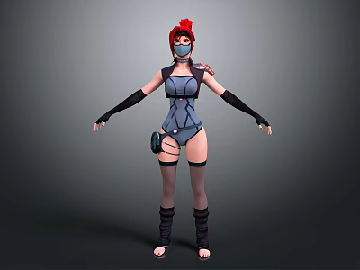 Red Haired Masked Female Game Movie Character With Blue Bodysuit Black Gloves And Waist Device 3d model