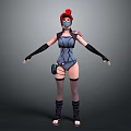 Red Haired Masked Female Game Movie Character With Blue Bodysuit Black Gloves And Waist Device