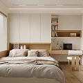 Modern Tatami Bedroom Interior With Bed Wooden Desk Laptop Bookshelf And Window Blinds Design