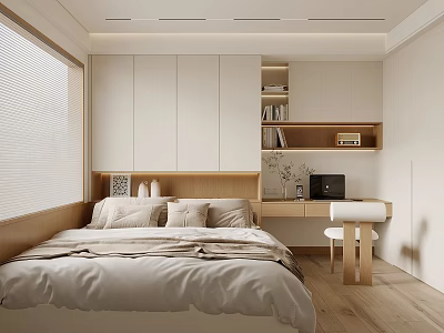 Modern Tatami Bedroom Interior With Bed Wooden Desk Laptop Bookshelf And Window Blinds Design 3d model