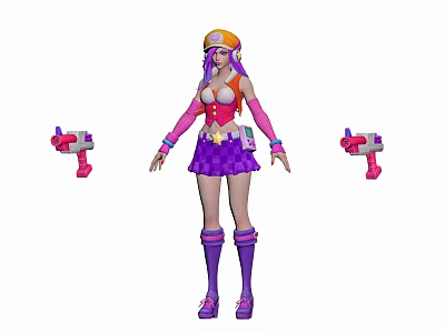 Vibrant Female Character with Purple Hair Orange Cap Short Skirt Pink Gloves and Twin Guns 3d model