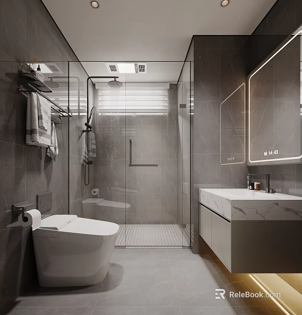 Modern Bathroom Interior Design With Glass Shower Gray Tiled Walls Marble Vanity And Double Mirrors 3d model 