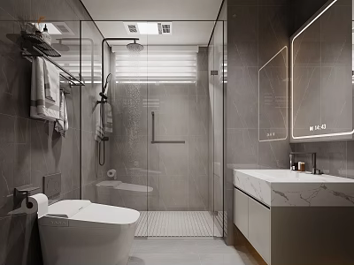 Modern Bathroom Interior Design With Glass Shower Gray Tiled Walls Marble Vanity And Double Mirrors 3d model