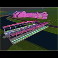 Covered Bridge With Blue Roofed Walkway Over Water Area Near Modern Buildings And Mountain Landscape