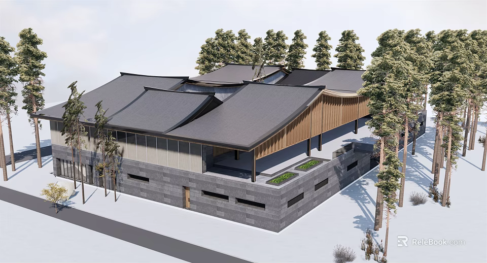Modern Museum Building With Gray Roof Wooden Structure And Surrounding Trees 3d model 