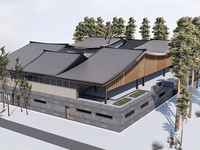 Modern Museum Building With Gray Roof Wooden Structure And Surrounding Trees 3d model