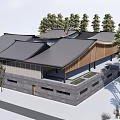 Modern Museum Building With Gray Roof Wooden Structure And Surrounding Trees