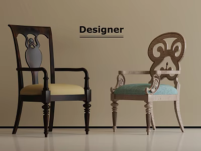 Designer Wooden Dining Chairs With Carved Patterns Armrests And Colored Cushions 3d model