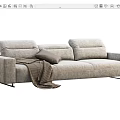 Modern Gray Fabric Three Seater Sofa With Brown Pillow And Checkered Blanket