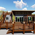 Wooden Deck House with Staircase Mountain View and Green Grassland Surroundings