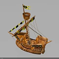 Wooden Model Sailing Ship With Mast Black Yellow Flags And Decorative Design