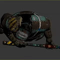 Game And Movie Character In Green And Brown Tactical Armor With Helmet Holding Decorated Weapon