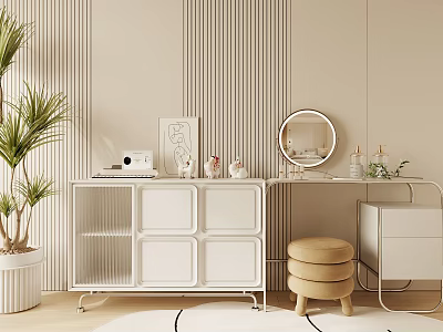 Modern Dressing Table With White Cabinet Round Mirror Palm Plant Padded Stool And Striped Wall 3d model