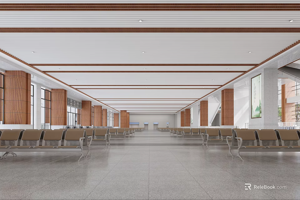 Spacious Modern Station Interior With Rows Of Seats And Ceiling Design 3d model 