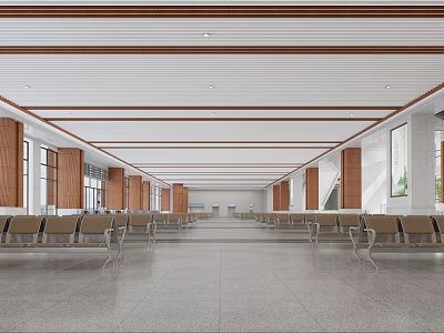 Spacious Modern Station Interior With Rows Of Seats And Ceiling Design 3d model