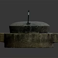 Cow Standing Near Traditional Stone Mill with Metal Rod on Dark Background