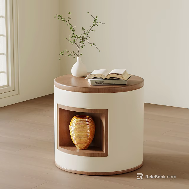 Modern Round Top Wooden Bedside Table With White Body Cutout And Yellow Woven Vase 3d model 