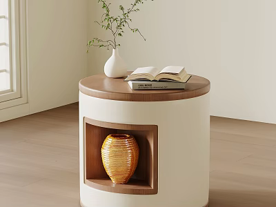 Modern Round Top Wooden Bedside Table With White Body Cutout And Yellow Woven Vase 3d model