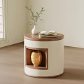 Modern Round Top Wooden Bedside Table With White Body Cutout And Yellow Woven Vase