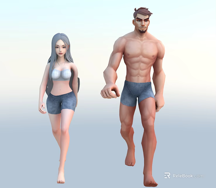 Two Characters Walking Shirtless Male and Female in White Sports Bra and Denim Shorts 3d model 