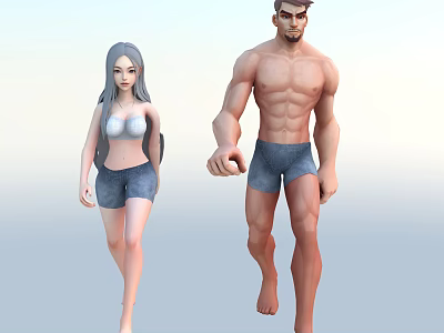 Two Characters Walking Shirtless Male and Female in White Sports Bra and Denim Shorts 3d model
