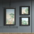 Landscape Paintings In Dark Frames Hung On Gray Wall With Trees And Scenic Elements 3d model