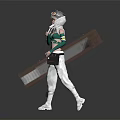 Standing Character With Goggles Green Sleeves Carrying Wooden Tool Plank And Tool Bag