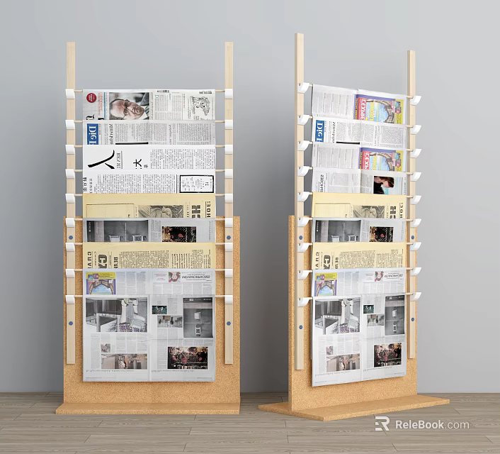 Wooden Magazine And Newspaper Display Racks With Multiple Shelves Holding Various Publications 3d model 