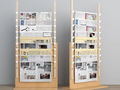Wooden Magazine And Newspaper Display Racks With Multiple Shelves Holding Various Publications 3d model
