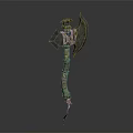 Ornate Decorative Axe With Winged Head And Carved Handle Details