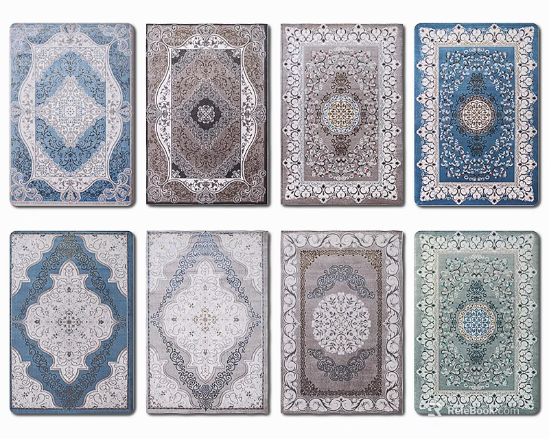 Square Rugs With Various Intricate Patterns In Blue Gray And Beige Tones 3d model