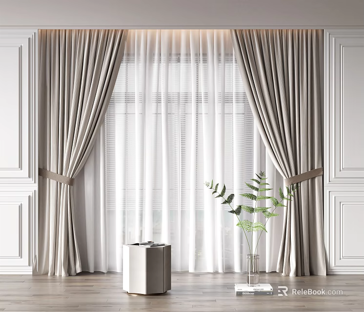 Elegant Beige Curtains With White Sheer Layers Tiebacks And Green Plant On Wooden Floor 3d model 