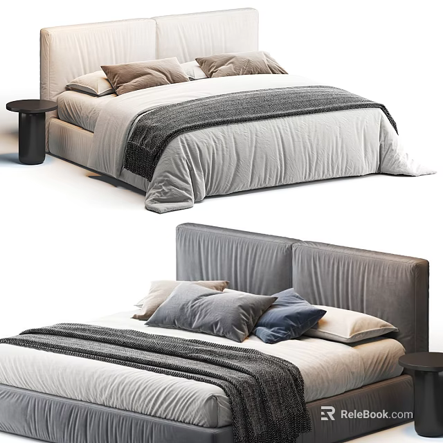 Contemporary Upholstered Double Bed With Neutral Bedding Accent Pillows And Side Nightstand 3d model 