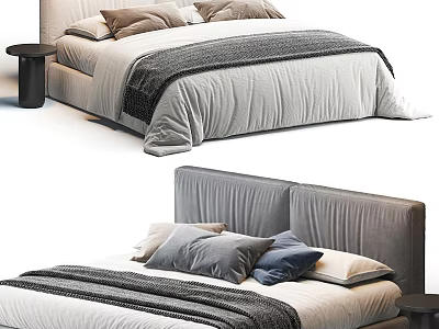 Contemporary Upholstered Double Bed With Neutral Bedding Accent Pillows And Side Nightstand 3d model